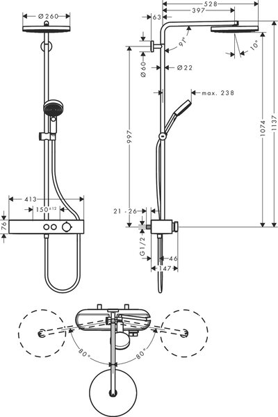 Hansgrohe Pulsify S Showerpipe 260 1jet se ShowerTablet Select 400, kartáčovaný bronz 24220140
