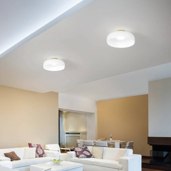 Fabas Luce LED stropní svítidlo Lunar, bílé, sklo, Ø 42 cm, stmívatelné, stmívatelný, Bílá / opál, Obývací pokoj / jídelna, Sklo, Moderní