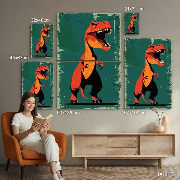 DUBLEZ | Dětský retro obraz - T-Rex | UV tisk, Premium
