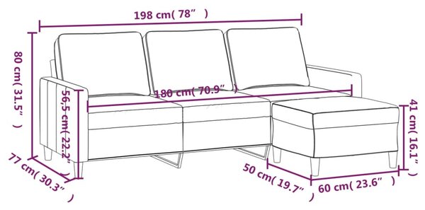 3místná pohovka s podnožkou světle šedá 180 cm samet 3201055