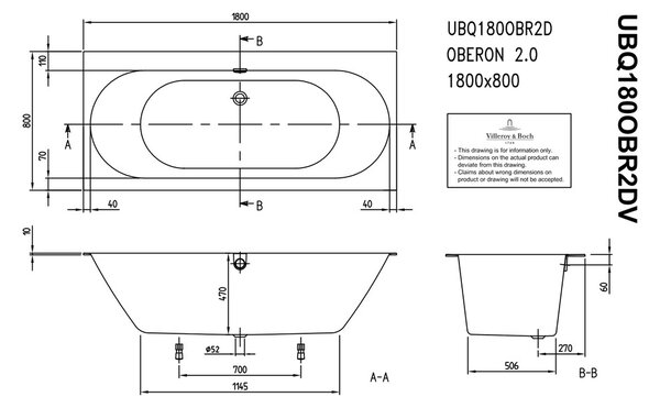 Villeroy & Boch Oberon 2.0 Duo - Vana 1800x800 mm, alpská bílá UBQ180OBR2DV-01