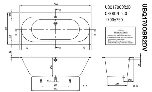 Villeroy & Boch Oberon 2.0 Duo - Vana 1700x750 mm, alpská bílá UBQ170OBR2DV-01