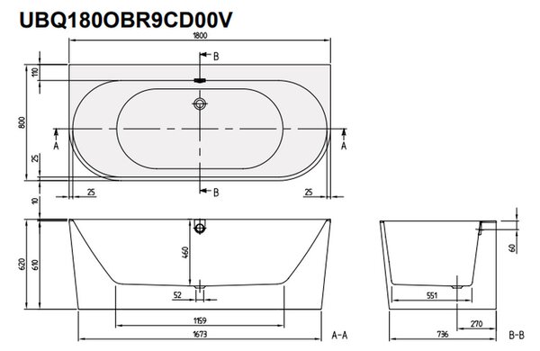 Villeroy & Boch Oberon 2.0 Duo - Vana pro přistavení ke stěně 1800x800 mm, Quaryl, včetně odpadu a přepadu, alpská bílá UBQ180OBR9CD00V-01