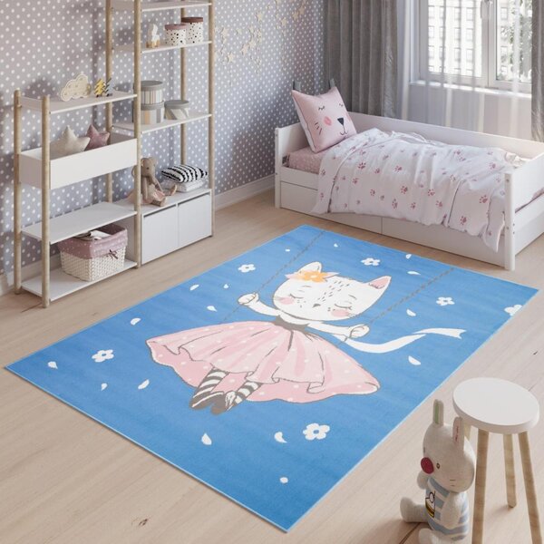 Modrý dětský koberec s kočičkou