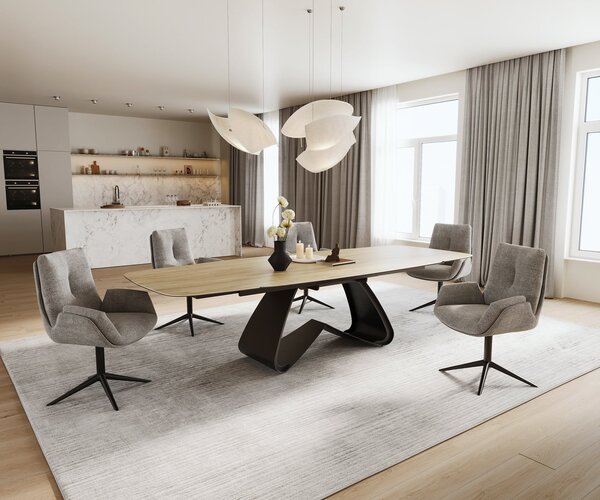 DELIFE Jídelní stůl Edge oválný 200-300×120 cm keramika Laminam® Sabbia dubová barva podnož ve tvaru W kov černá rozkládací