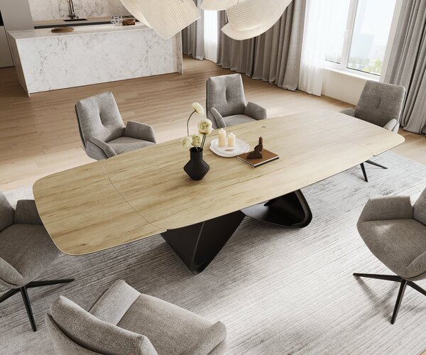 DELIFE Jídelní stůl Edge oválný 200-300×120 cm keramika Laminam® Sabbia dubová barva podnož ve tvaru W kov černá rozkládací