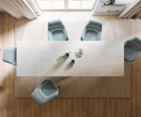 DELIFE Jídelní stůl Edge 200-300×100 cm keramika onyx champagne křížová podnož hranatý nerezová ocel grafit rozkládací