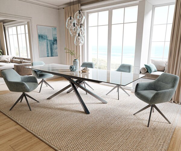 DELIFE Jídelní stůl Edge 200-300×100 cm keramika onyx champagne křížová podnož hranatý nerezová ocel grafit rozkládací