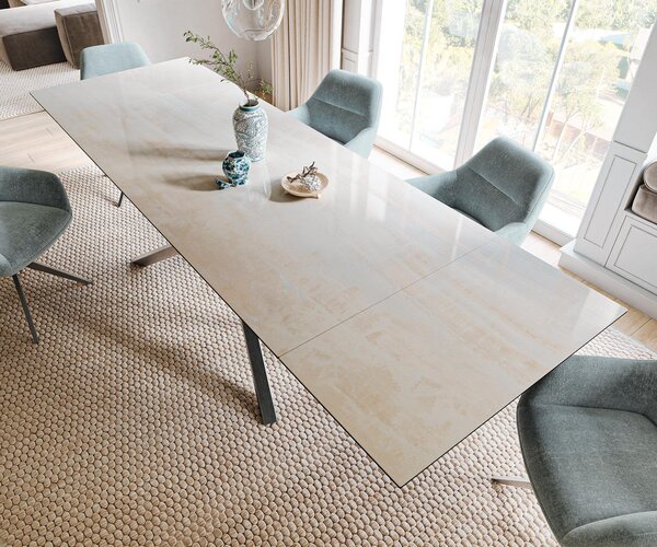 DELIFE Jídelní stůl Edge 200-300×100 cm keramika onyx champagne křížová podnož hranatý nerezová ocel grafit rozkládací