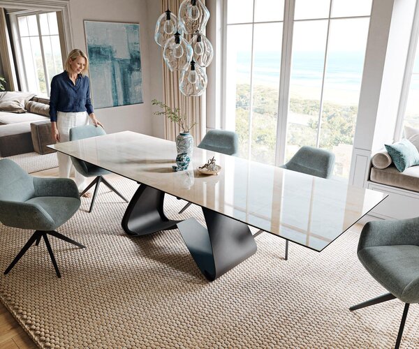 DELIFE Jídelní stůl Edge 200-300×100 cm keramika onyx champagne W-podnož kov černá rozkládací