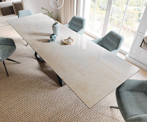 DELIFE Jídelní stůl Edge 200-300×100 cm keramika onyx champagne W-podnož kov černá rozkládací