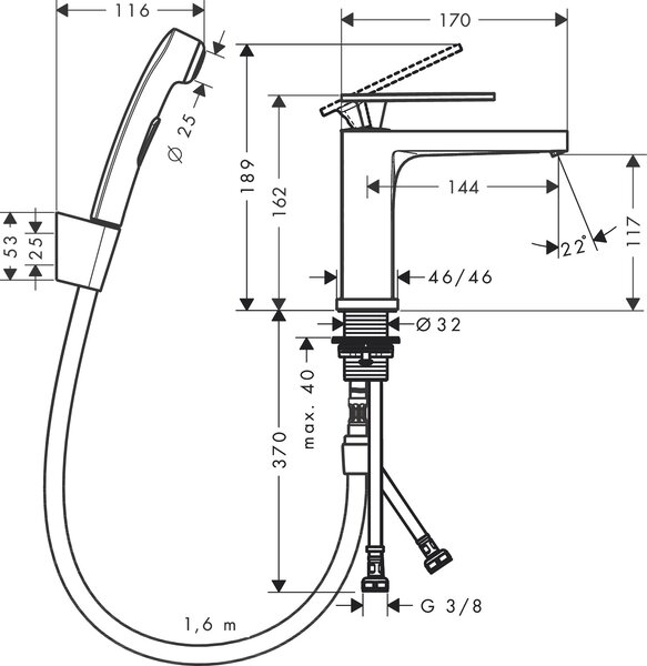 Hansgrohe Tecturis E Páková umyvadlová baterie 110 s ruční sprchou Bidette a sprchovou hadicí 160 cm, chrom 73210000