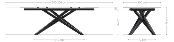 DELIFE Jídelní stůl Edge 200-300×100 cm keramika onyx champagne křížová podnož hranatý nerezová ocel grafit rozkládací