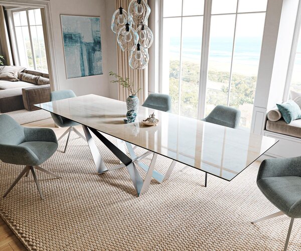 DELIFE Jídelní stůl Edge 200-300×100 cm keramika onyx champagne spider plochý kov nerezová ocel rozkládací
