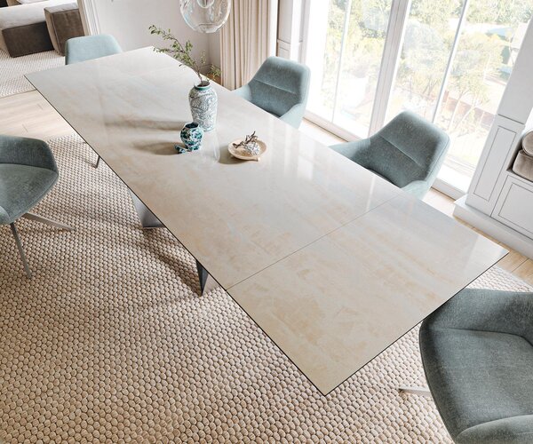 DELIFE Jídelní stůl Edge 200-300×100 cm keramika onyx champagne spider plochý kov nerezová ocel rozkládací