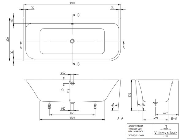 Villeroy & Boch Architectura - Vana ke zdi 1800x800mm, levá, alpská bílá UBA180ARE9CL00V-01