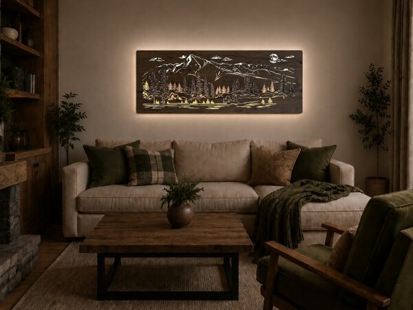 "Chata v horách" světelný obraz s baterií a pohybovým čidlem 130x50 cm provedení povrchu: dub světlý