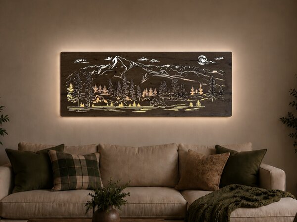 "Chata v horách" světelný obraz s baterií a pohybovým čidlem 130x50 cm provedení povrchu: dub světlý