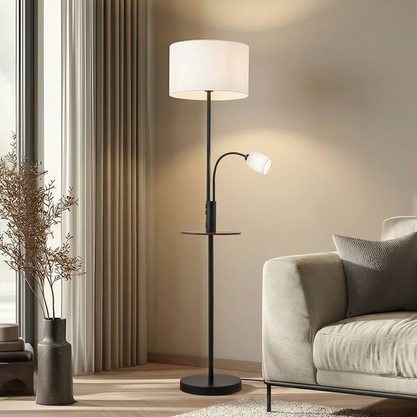 Lindby stojací lampa Aovan, černá, odkládací plocha, USB port, Černá, Obývací pokoj / jídelna, kov, Moderní, Lampička na čtení