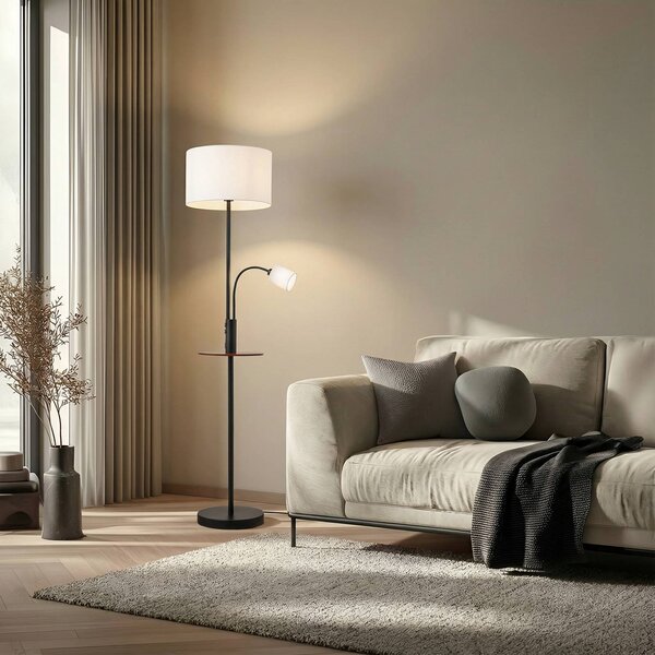 Lindby stojací lampa Aovan, černá, odkládací plocha, USB port, Černá, Obývací pokoj / jídelna, kov, Moderní, Lampička na čtení