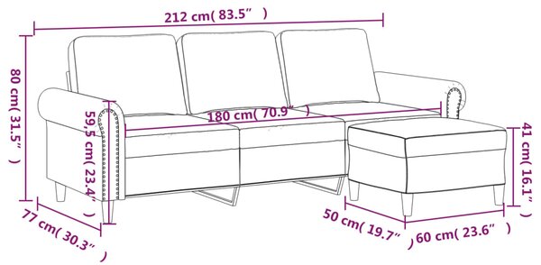 3místná pohovka s podnožkou krémová 180 cm samet 3201223