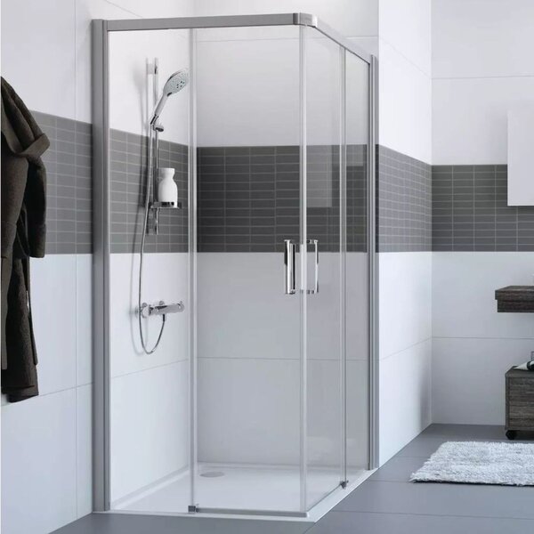 Hüppe Classics 2 EasyEntry - Posuvné dveře rohový vstup 2-dílný (1/2) 1000x2000 mm, upevnění vlevo, stříbrná pololesklá, čiré sklo s Anti-Plaque C25103.069.322