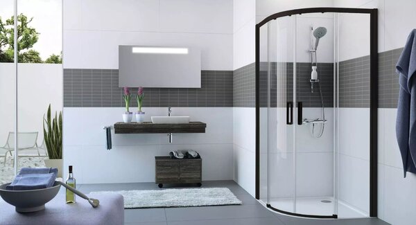 Hüppe Classics 2 EasyEntry - Posuvné dveře 2000x900/900 mm, 1/4-kruh, profil Black Edition, čiré sklo s Anti-Plaque C25507.123.322