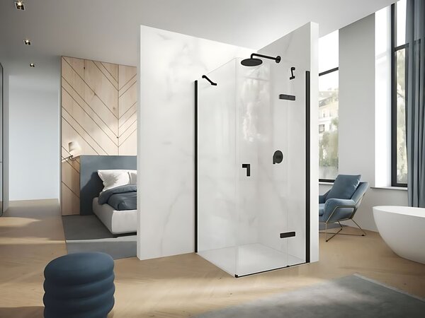 Hüppe Astra - Křídlové dveře s pevným segmentem 900x2000 mm pro 4-úhelník, upevnění vpravo, profil Black Edition, sklo čiré s Anti-Plaque PX0103.123.322