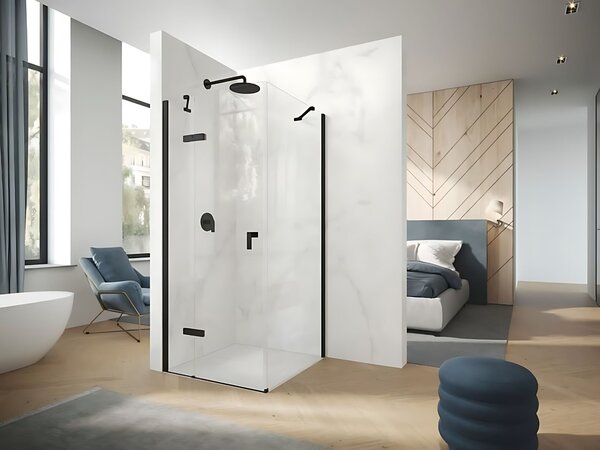 Hüppe Astra - Křídlové dveře s pevným segmentem 900x2000 mm pro 4-úhelník, upevnění vlevo, profil Black Edition, sklo čiré s Anti-Plaque PX0003.123.322