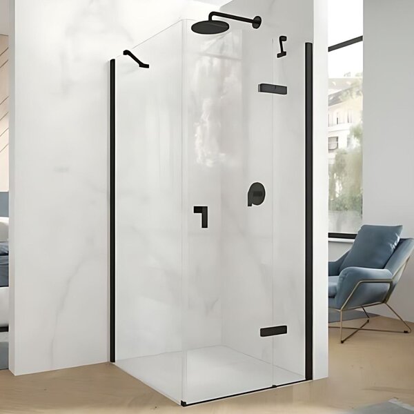 Hüppe Astra - Křídlové dveře s pevným segmentem 900x2000 mm pro 4-úhelník, upevnění vpravo, profil Black Edition, sklo čiré s Anti-Plaque PX0103.123.322