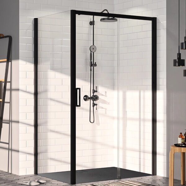 Hüppe Classics 2 EasyEntry - Posuvné dveře 1-dílné s pevným segmentem 2000x1200 mm, upevnění vpravo, profil Black Edition, čiré sklo s Anti-Plaque C25609.123.322