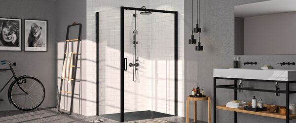 Hüppe Classics 2 EasyEntry - Posuvné dveře 1-dílné s pevným segmentem 2000x1200 mm, upevnění vpravo, profil Black Edition, čiré sklo s Anti-Plaque C25609.123.322
