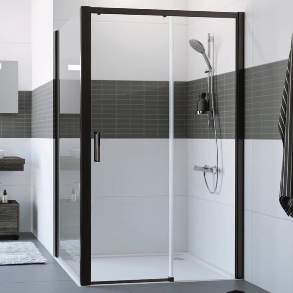 Hüppe Classics 2 EasyEntry - Posuvné dveře 1-dílné s pevným segmentem 2000x1200 mm, upevnění vpravo, profil Black Edition, čiré sklo s Anti-Plaque C25609.123.322