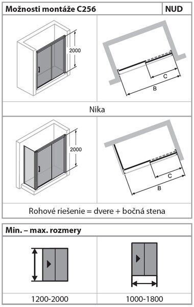 Hüppe Classics 2 EasyEntry - Posuvné dveře 1-dílné s pevným segmentem 2000x1200 mm, upevnění vpravo, profil Black Edition, čiré sklo s Anti-Plaque C25609.123.322