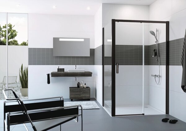Hüppe Classics 2 EasyEntry - Posuvné dveře 1-dílné s pevným segmentem 2000x1200 mm, upevnění vpravo, profil Black Edition, čiré sklo s Anti-Plaque C25609.123.322