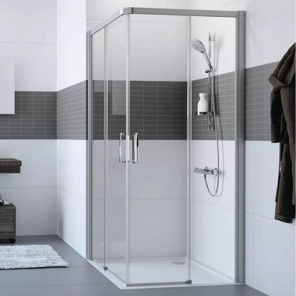 Hüppe Classics 2 EasyEntry - Posuvné dveře rohový vstup 2-dílný (1/2) 900x2000 mm, upevnění vpravo, stříbrná pololesklá, čiré sklo s Anti-Plaque C25202.069.322