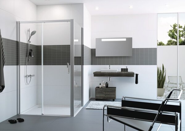 Hüppe Classics 2 EasyEntry - Posuvné dveře 1-dílné s pevným segmentem 2000x1200 mm, upevnění vlevo, stříbrná pololesklá, čiré sklo s Anti-Plaque C25309.069.322