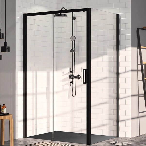 Hüppe Classics 2 EasyEntry - Posuvné dveře 1-dílné s pevným segmentem 2000x1200 mm, upevnění vlevo, profil Black Edition, čiré sklo s Anti-Plaque C25309.123.322