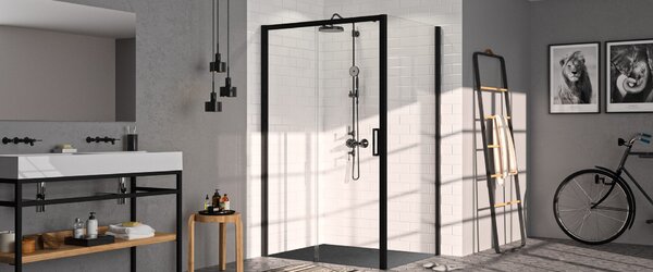 Hüppe Classics 2 EasyEntry - Posuvné dveře 1-dílné s pevným segmentem 2000x1200 mm, upevnění vlevo, profil Black Edition, čiré sklo s Anti-Plaque C25309.123.322