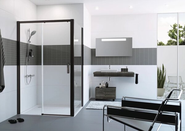 Hüppe Classics 2 EasyEntry - Posuvné dveře 1-dílné s pevným segmentem 2000x1200 mm, upevnění vlevo, profil Black Edition, čiré sklo s Anti-Plaque C25309.123.322