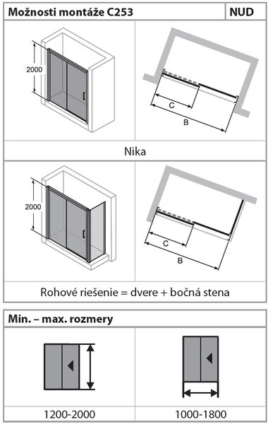 Hüppe Classics 2 EasyEntry - Posuvné dveře 1-dílné s pevným segmentem 2000x1200 mm, upevnění vlevo, profil Black Edition, čiré sklo s Anti-Plaque C25309.123.322