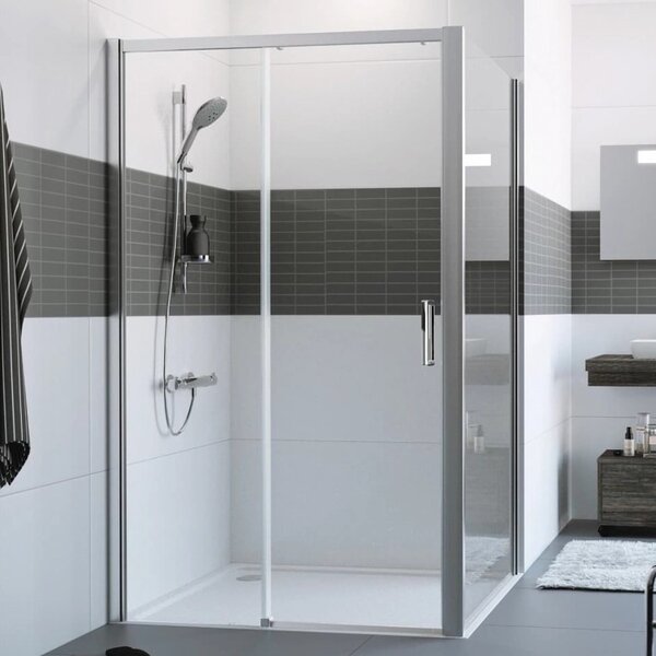 Hüppe Classics 2 EasyEntry - Posuvné dveře 1-dílné s pevným segmentem 2000x1200 mm, upevnění vlevo, stříbrná pololesklá, čiré sklo s Anti-Plaque C25309.069.322