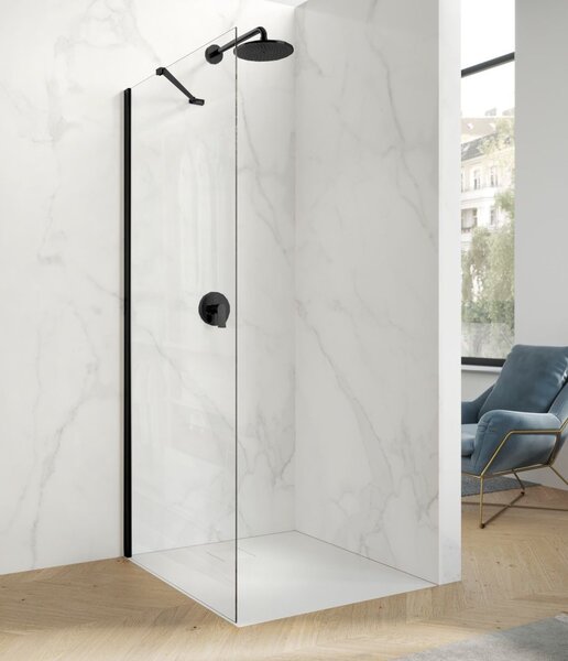 Hüppe Astra - Walk-in/Boční stěna pro křídlové dveře s pevným segmentem 800x2000 mm pro 4-úhelník, profil Black Edition, čiré sklo s Anti-Plaque PX0202.123.322