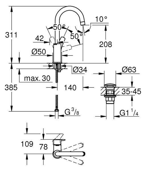 GROHE Eurosmart - Páková umyvadlová baterie DN15, Velikost L, Chrom 23970003
