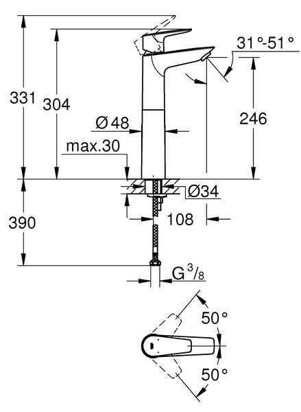 GROHE BauEdge - Páková umyvadlová baterie DN 15, velikost XL, Chrom 23761001