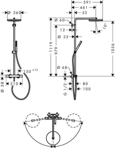 Hansgrohe Pulsify S Puro - Showerpipe 260 1jet s termostatem Ecostat Fine, černá matná 24222670