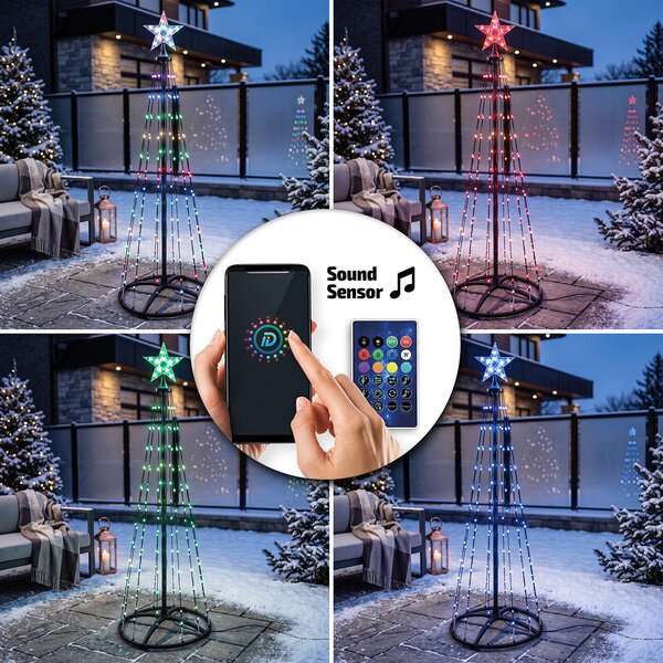 SOLIGHT Smart RGB vánoční stromek s hvězdou, 154 LED, 1,5m, BT aplikace, dálkový ovladač, IP44