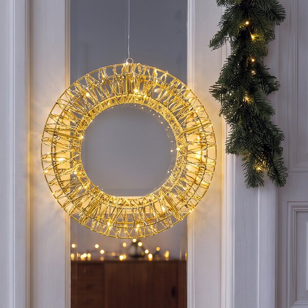 SOLIGHT LED vánoční věnec 3D kovový, 150 LED, průměr 50cm, časovač, IP44, zlatý