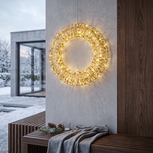 SOLIGHT LED vánoční věnec 3D kovový, 150 LED, průměr 50cm, časovač, IP44, zlatý