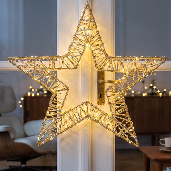 SOLIGHT LED vánoční hvězda 3D kovová, 150 LED, 58x58cm, časovač, IP44, zlatá